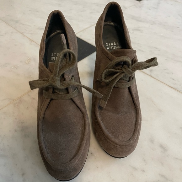 Stuart Weitzman Women's Suede Lace Up Loafer High Heels 3.75" Taupe Size 6.5M - Picture 1 of 5